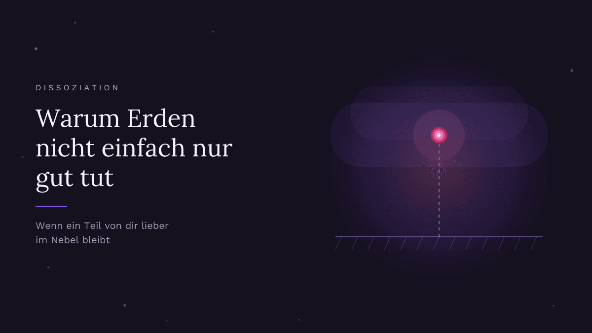 Ein Punkt, der über einer Bodenlinie schwebt, mit einem dünnen Faden verbunden, ringsum Nebel