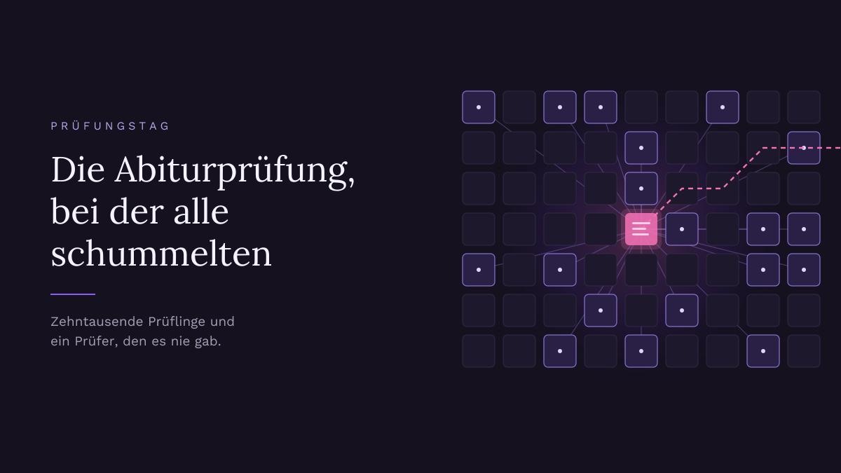 Ein Raster aus kleinen dunklen Prüfungskabinen, einige davon über leuchtende Linien mit einem geheimen Brett in der Mitte verbunden, eine rosa Spur führt aus dem Raster hinaus